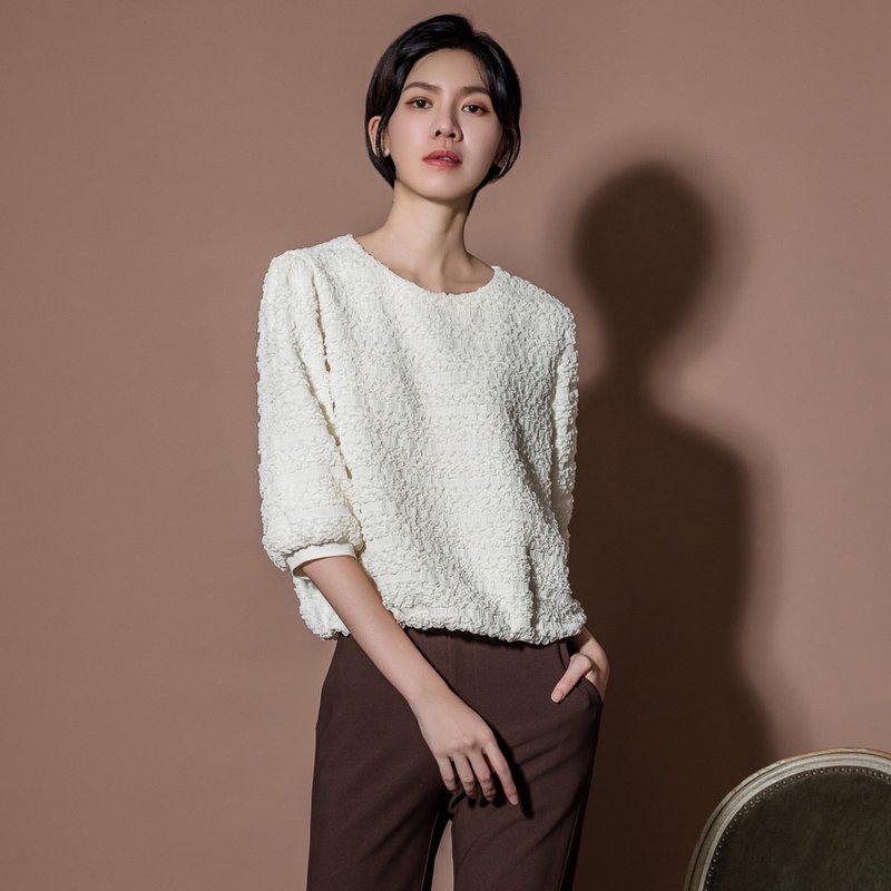 【MEDUSA】纹理泡泡公主袖上衣(M-XL) | 女长袖上衣 上班穿搭 - 女装上衣 - 聚酯纤维 白色
