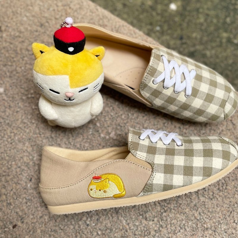 Paidalx黄阿玛 格纹文青假绑带2WAY懒人鞋不弯腰鞋休闲鞋-抹茶奶 - 女款休闲鞋 - 棉．麻 绿色