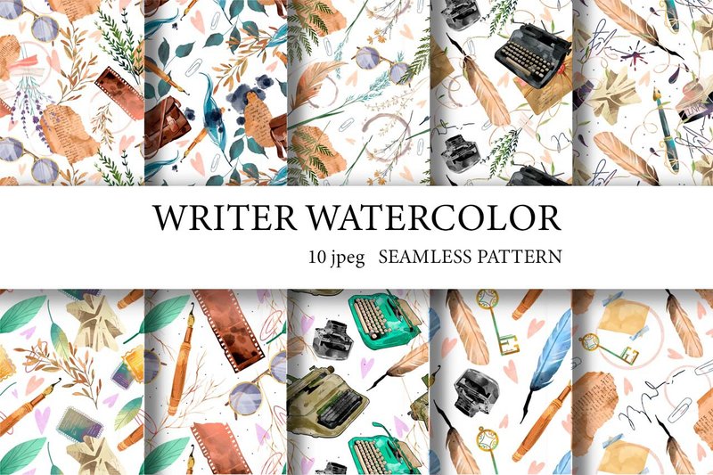 Watercolor Writer Seamless Pattern. Typewriter. Digital Paper. Fabric print - 插画/绘画/写字 - 其他材质 