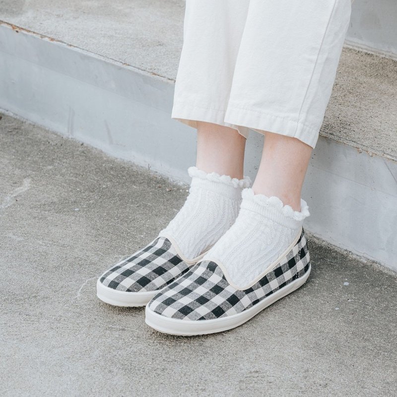 田园少女【乐芙日】 乡村格纹 乐福鞋 百搭 高脚背推荐 懒人鞋 - 女款休闲鞋 - 棉．麻 多色