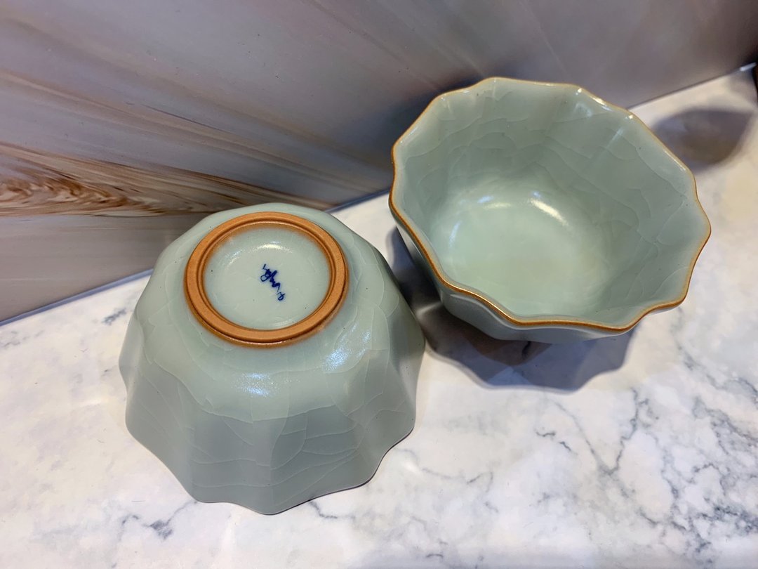 台湾汝窑大师林德丰 - 汝窑牡丹对杯(现货+预购) - 茶具/茶杯 - 陶 蓝色