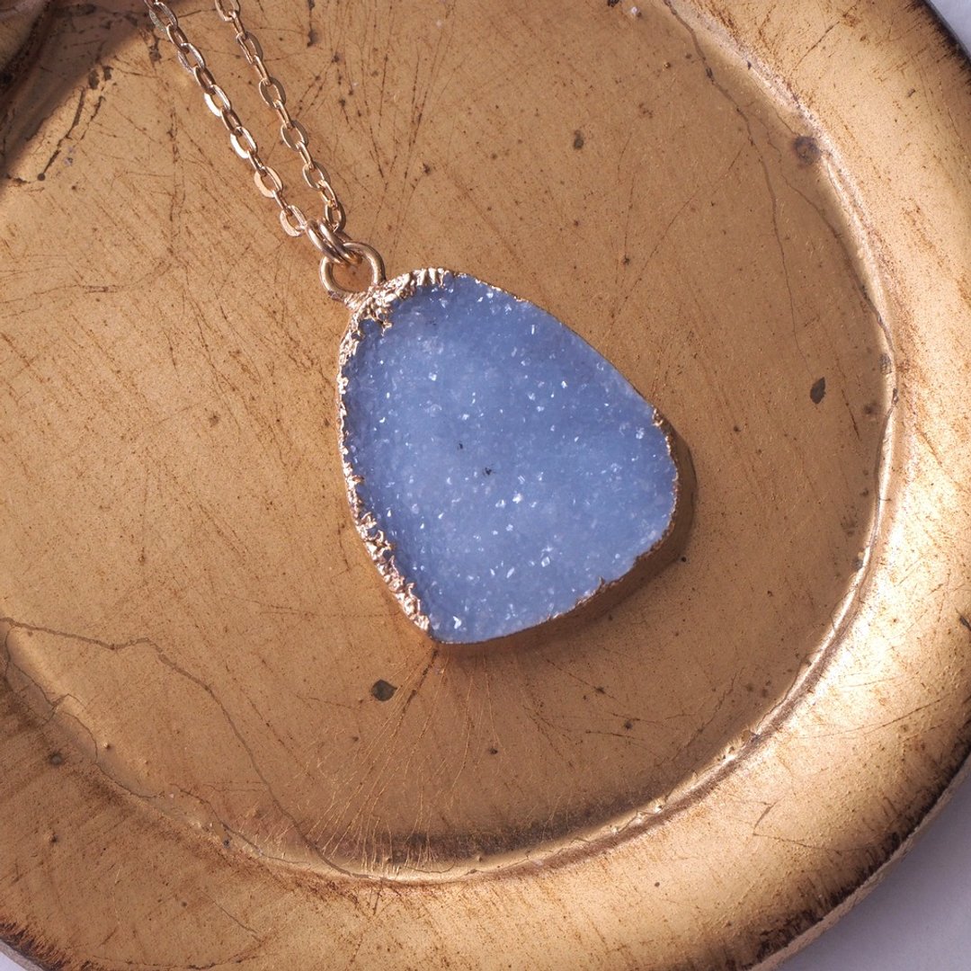 大颗天然蓝玉髓 晶洞晶矿晶簇 项链 毛衣链 长链 Druzy Necklace - 项链 - 半宝石 蓝色