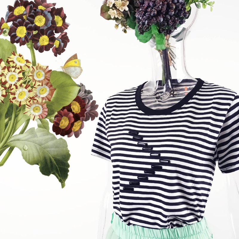 百搭简约手缝黑珠图案黑白条子无侧缝T恤 - 女装 T 恤 - 棉．麻 黑色