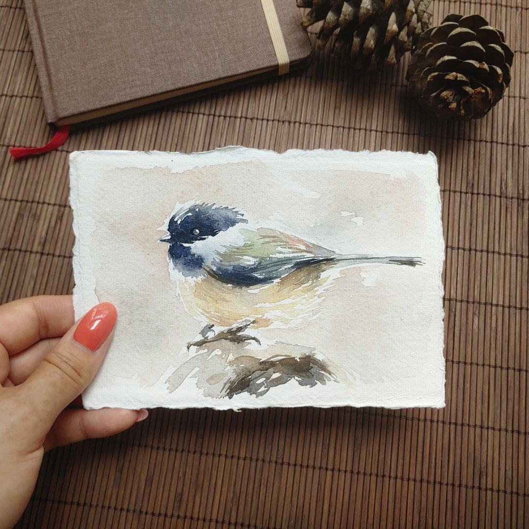 Original bird postcard in watercolors on handmade paper - 卡片/明信片 - 纸 咖啡色