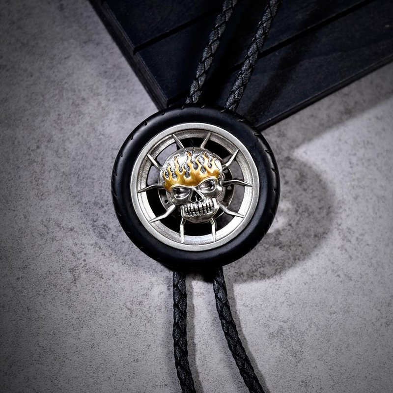 风火轮 骷髅头 保罗领带 Bolo Tie 皮革项链 皮绳领带 长项链 - 领带/领带夹 - 人造皮革 银色