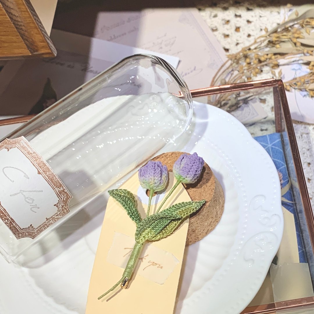 Tulip 郁金香 钩织 编织 瓶中花 胸针 胸花 襟花 襟针 定制 摆设 - 胸针 - 棉．麻 紫色
