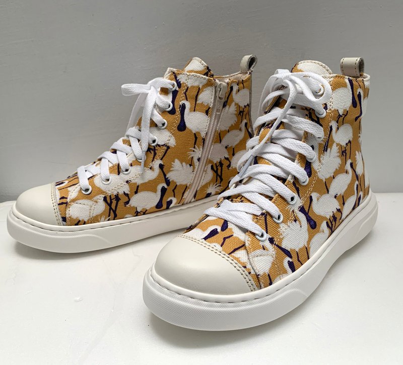 手工印花帆布鞋_黑面琵鹭 黄 - 女款休闲鞋 - 真皮 黄色