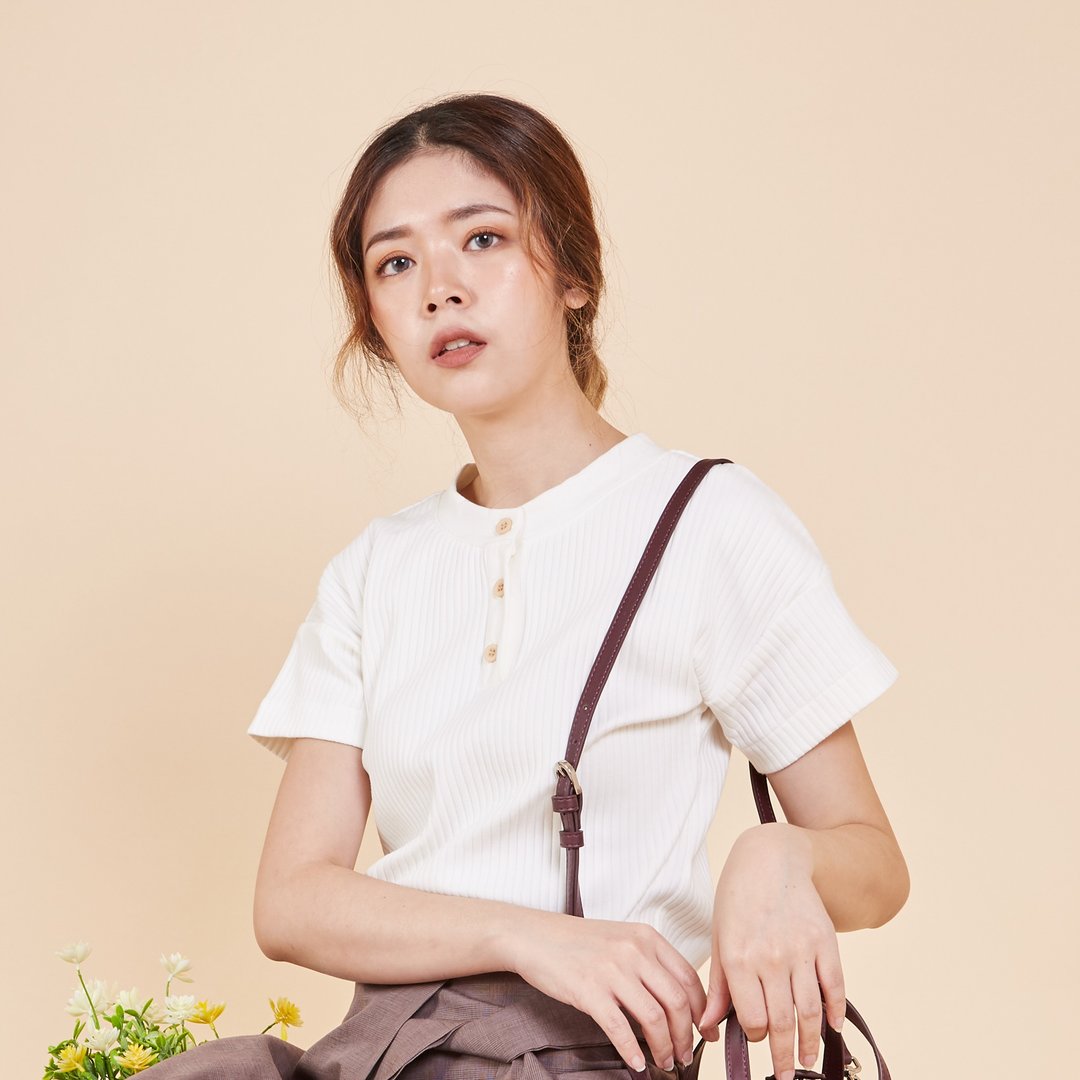 Casual Comfortable Ribbed Shirt Wake Up Top - Off White - 女装上衣 - 棉 白色