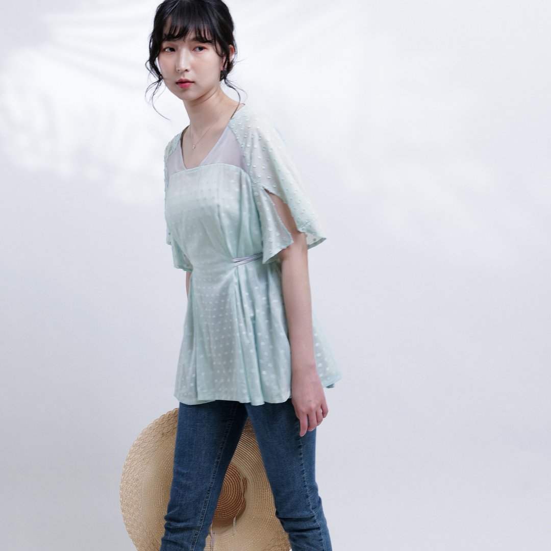 透视气质纯棉点点上衣-绿松石 - 女装上衣 - 棉 绿色