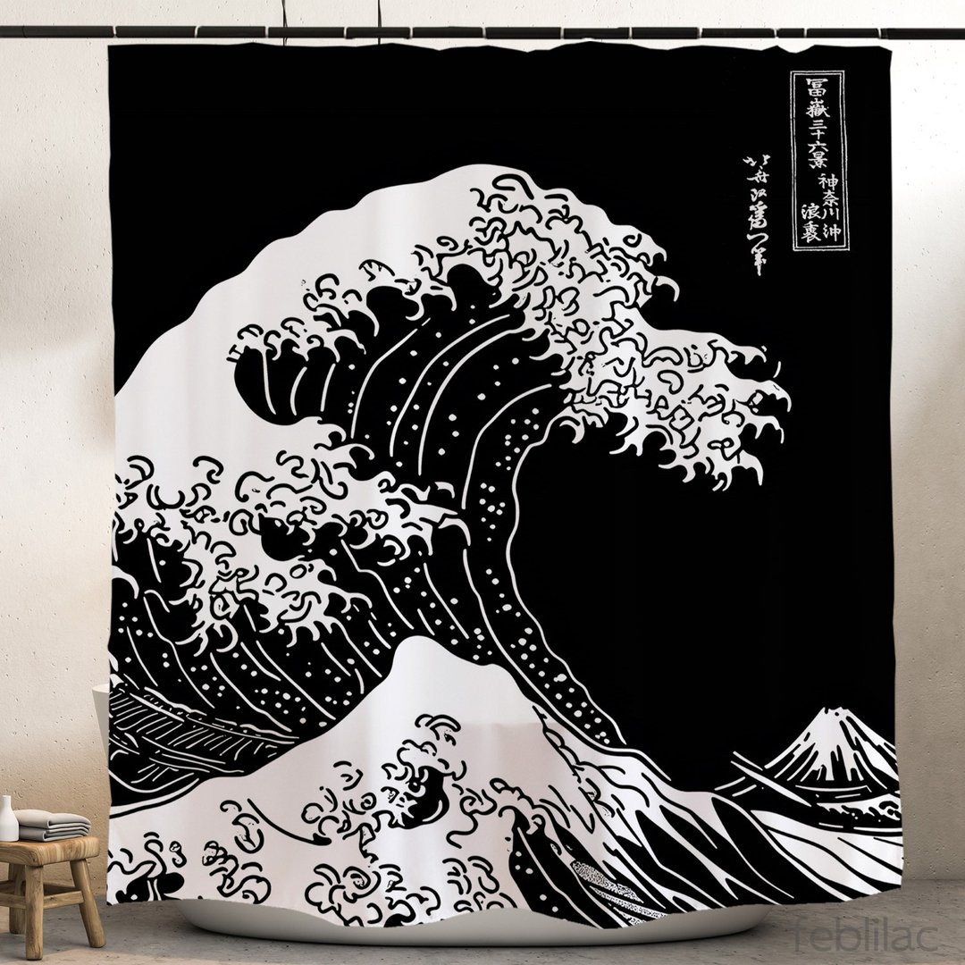 大海浪黑色浴室浴簾衛生間干濕分離防水布簾免打孔套裝淋浴隔斷 - 卫浴用品 - 聚酯纤维 黑色
