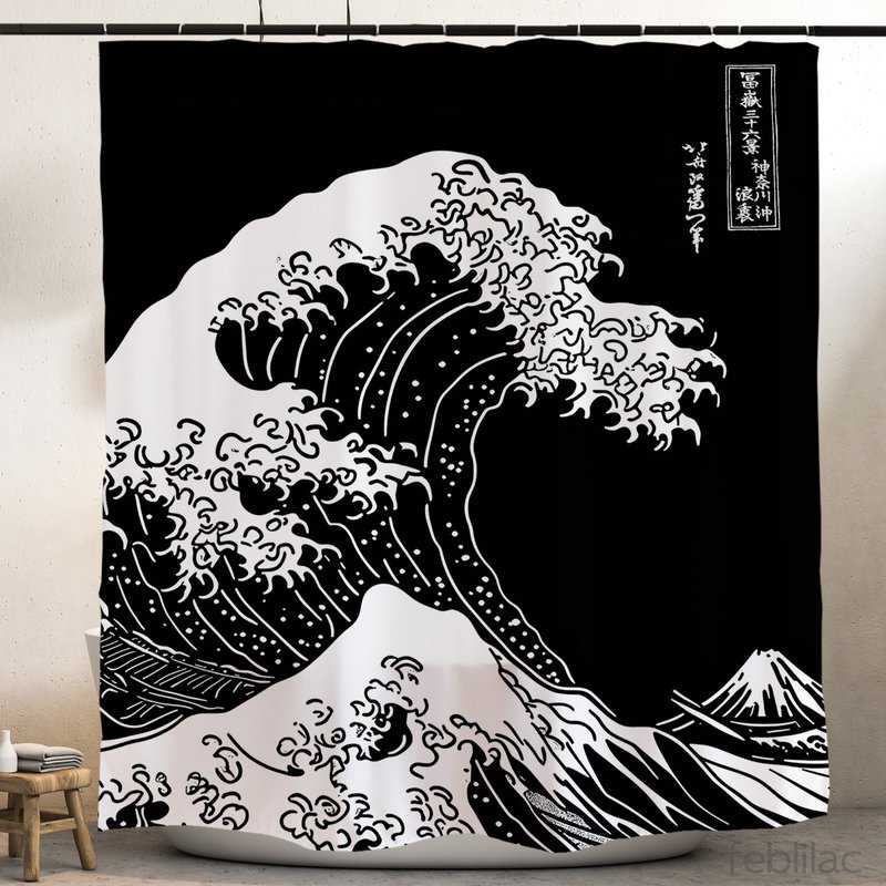 大海浪黑色浴室浴簾衛生間干濕分離防水布簾免打孔套裝淋浴隔斷 - 卫浴用品 - 聚酯纤维 黑色