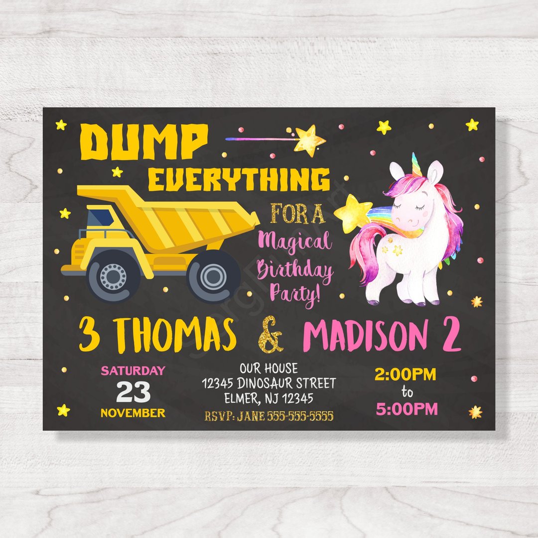 Construction and Unicorn Birthday Invitation, Joint, Digital, Personalized - 电子喜帖/贺卡/邀请函 - 其他材质 