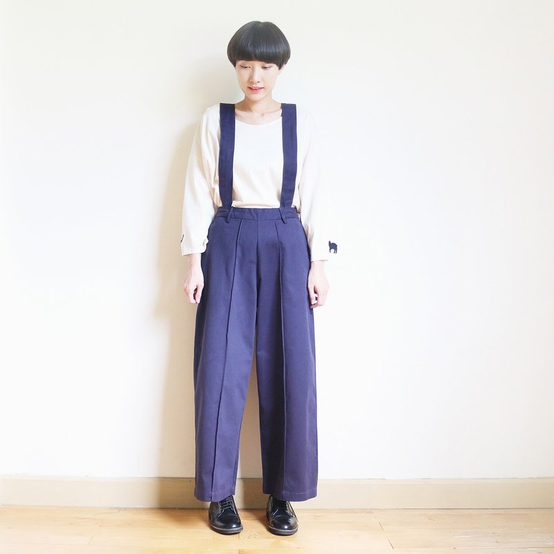 2WAY suspenders wide pants : navy - 女装长裤 - 棉．麻 蓝色