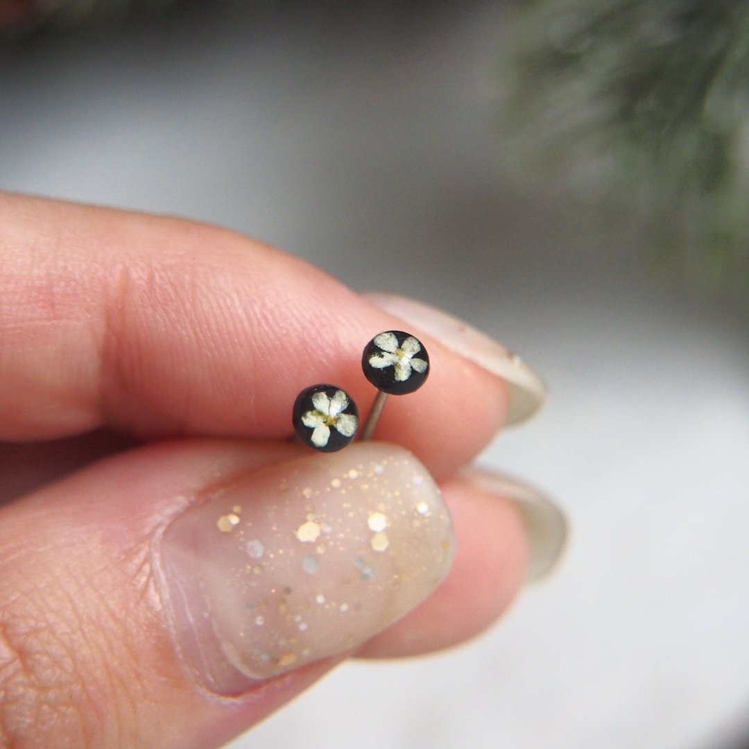 Pressed flower stud earrings, Dry flower small earrings, Stainless steel - 耳环/耳夹 - 植物．花 黑色