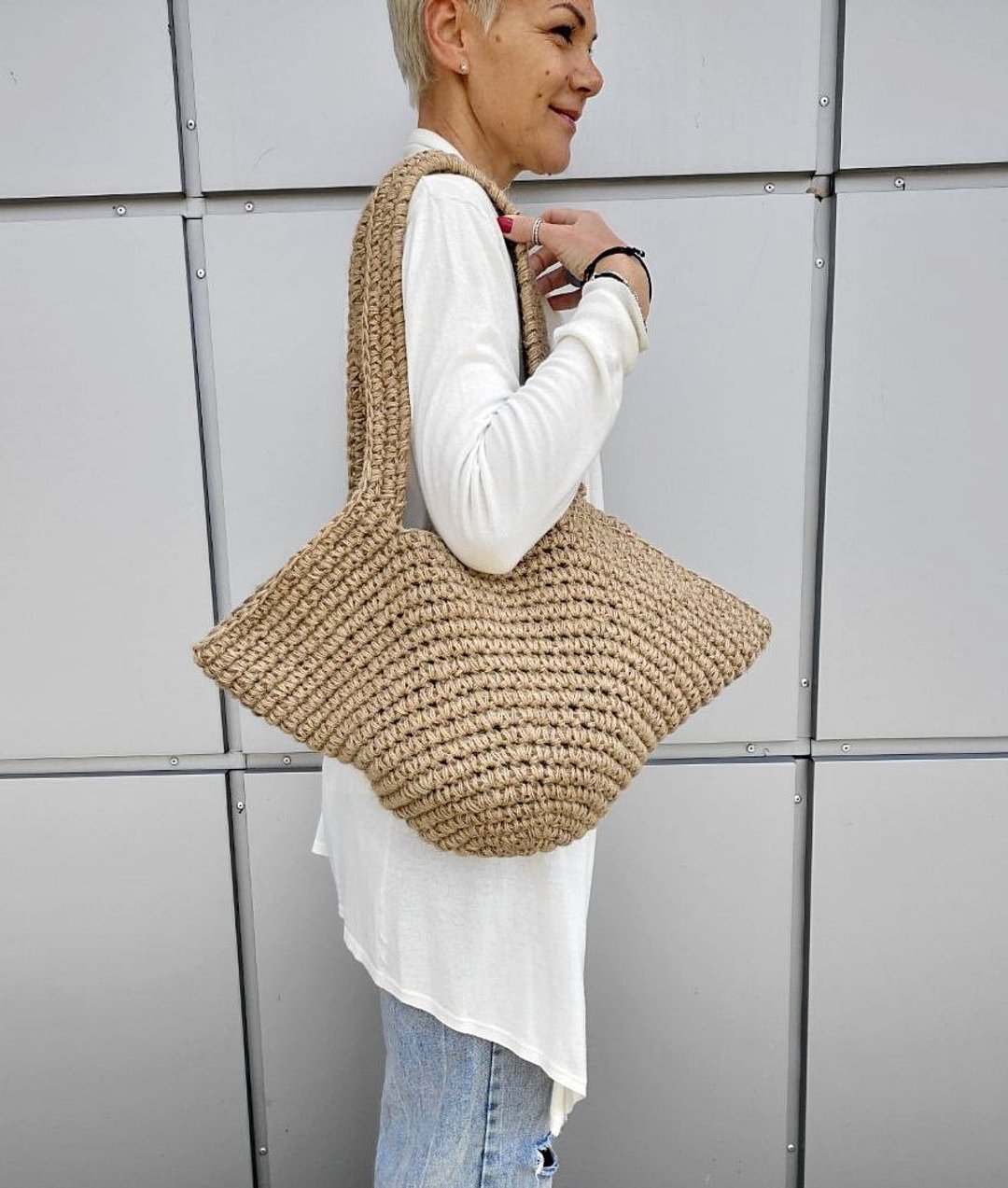 Shopping beach bag Crochet jute hemp tote bag with pocket - 手提包/手提袋 - 棉 卡其色