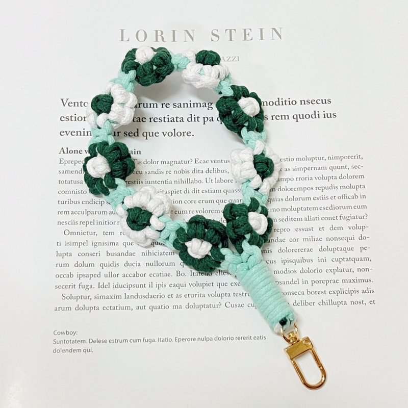 蓝绿色小花手机挂绳 编织手腕带 相机背带 钥匙圈 - 挂绳/吊绳 - 棉．麻 