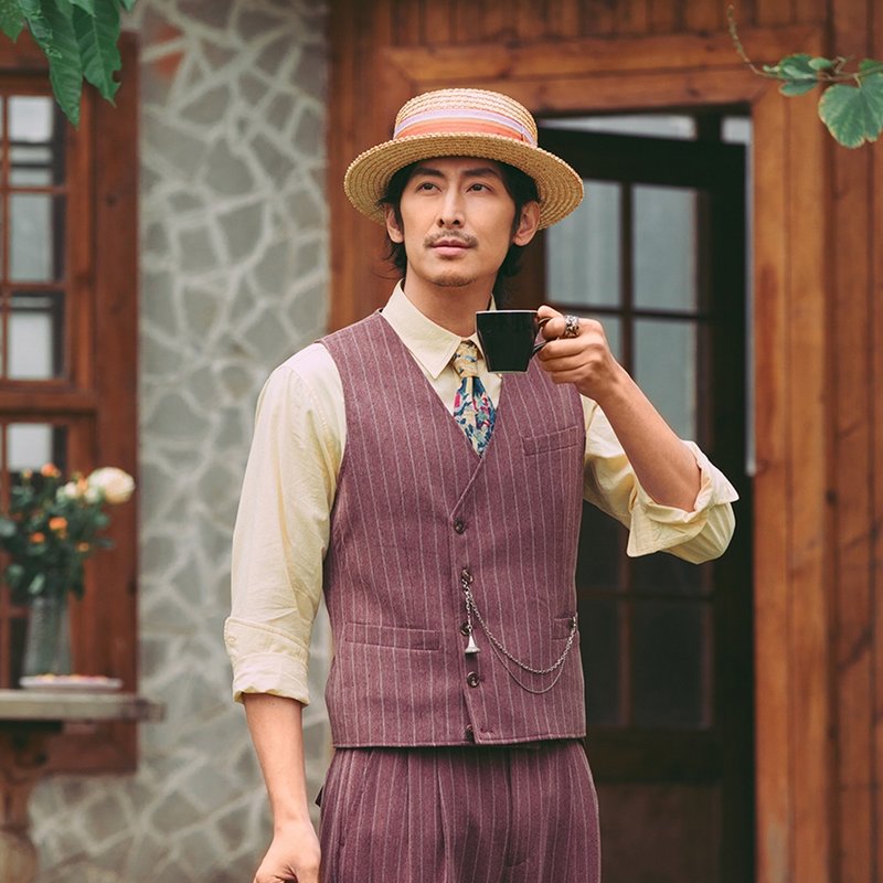 SOARIN英伦复古斜门襟条纹西装马甲(252TB100) - 男装背心 - 棉．麻 紫色