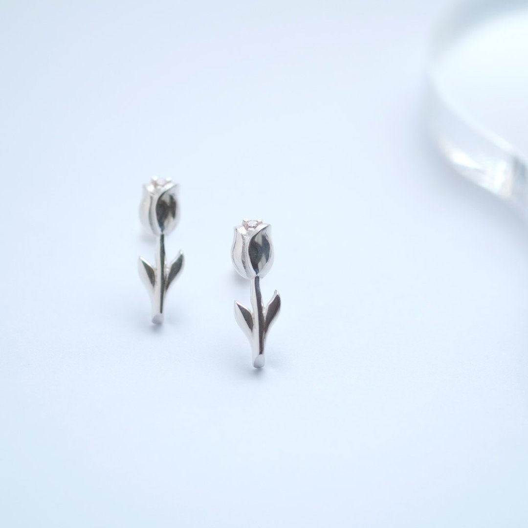Pink Tulip Earrings Clip-On Silver 925 - 耳环/耳夹 - 其他金属 银色