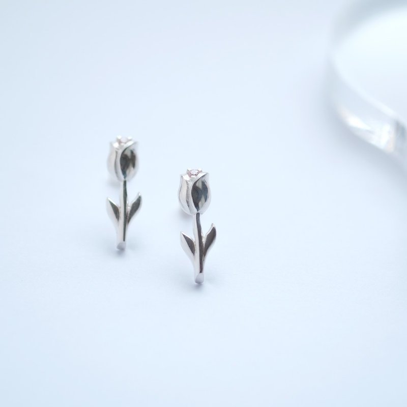 Pink Tulip Earrings Clip-On Silver 925 - 耳环/耳夹 - 其他金属 银色