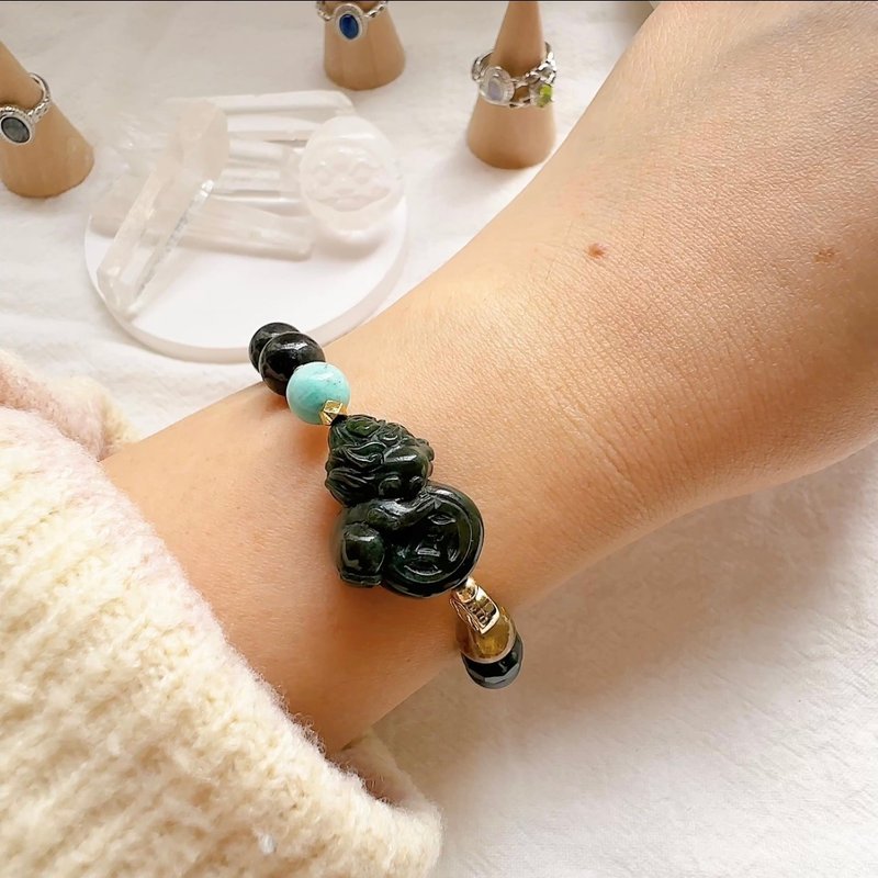 貔貅的秘密金库 玉化阿拉善雕刻 黑发晶 天河石 水草玛瑙 沙佛莱 - 手链/手环 - 半宝石 黑色