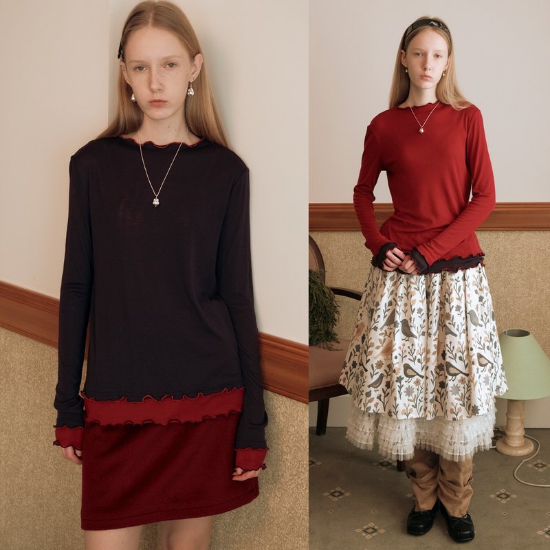 mintcheese 节日季配色 美丽奴羊毛天丝 假两件柔软波浪边打底 - 女装上衣 - 其他材质 多色