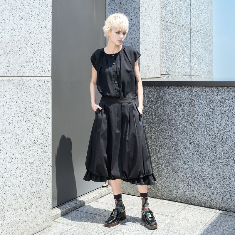 灵活荷叶尖摆花苞裙 - 裙子 - 棉．麻 黑色