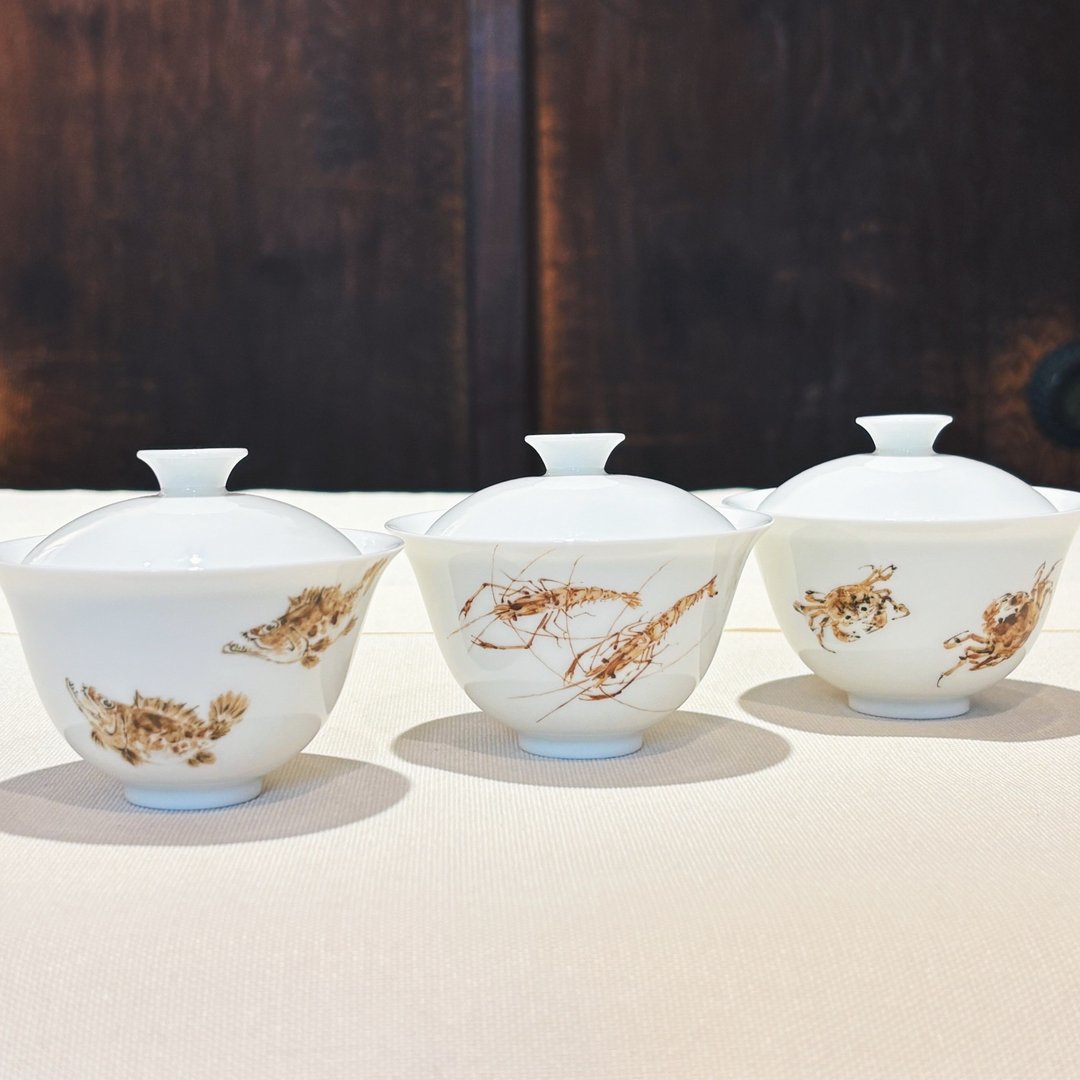 自慢监制 不言美器 釉中墨彩 玉瓷 盖杯 鳜鱼 螃蟹 虾 - 茶具/茶杯 - 瓷 