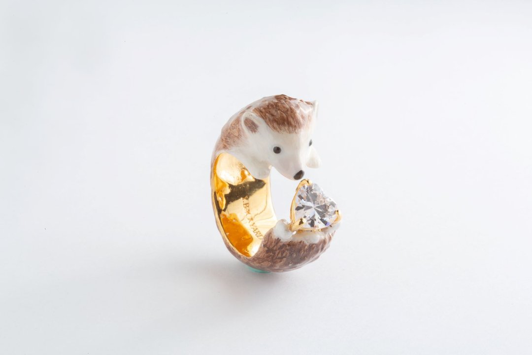 刺猬抱钻手工珐琅戒指~Hedgehog Ring - 戒指 - 铜/黄铜 