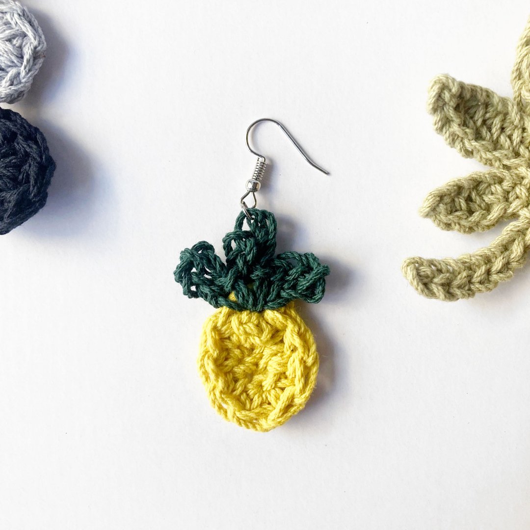 凤梨旺旺来 编织耳环 Crochet Statement Earring 单只/一对 - 耳环/耳夹 - 棉 黄色