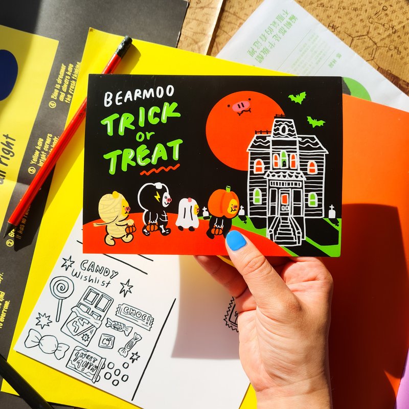 Bearmoo Trick or Treat Postcard - 卡片/明信片 - 纸 黑色
