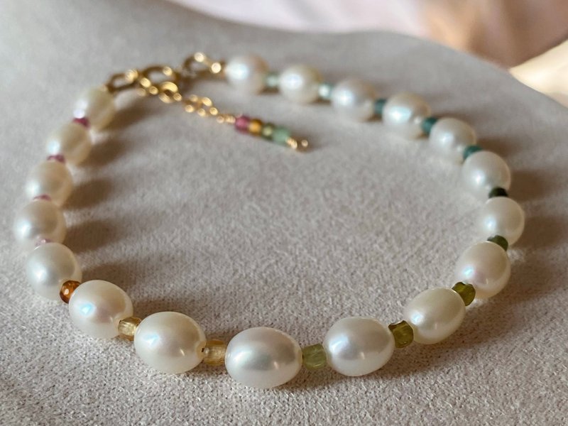 天然珍珠 彩虹碧玺 || 小方块 美国 14KGF手链 手链 可改颈链 - 手链/手环 - 珍珠 多色