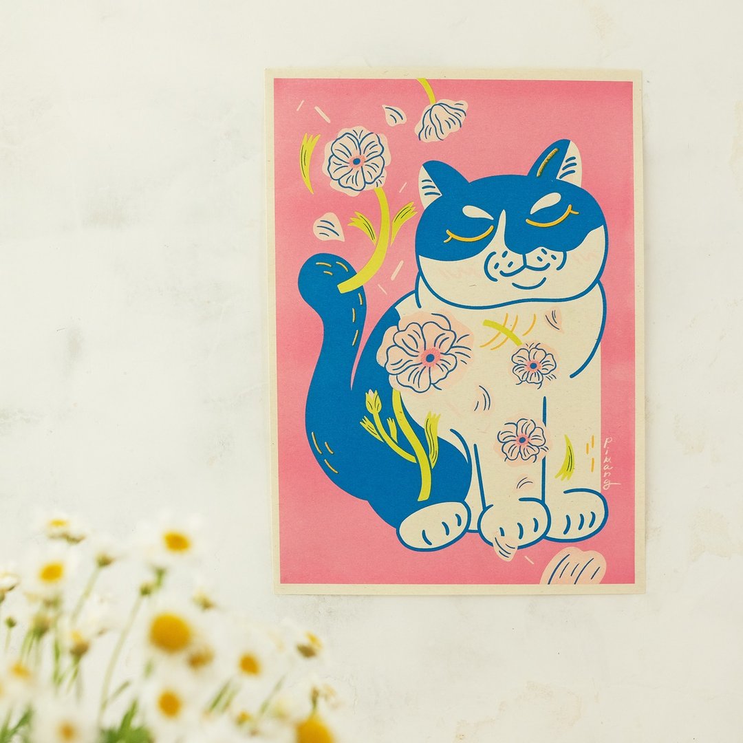 猫与花海报 / 姆吉蝴蝶陆莲 / A4 孔版印刷 - 海报/装饰画/版画 - 纸 粉红色