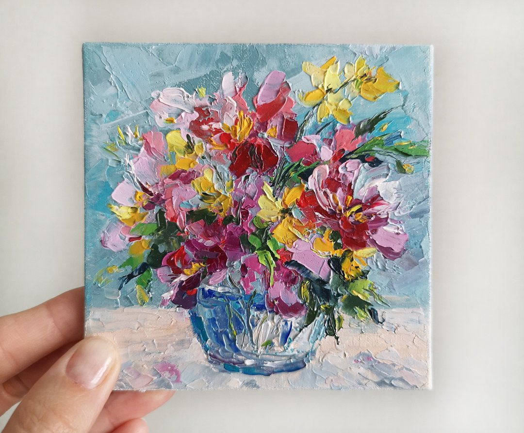 Bouquet oil painting Original small floral art Shelf decor Birthday Wedding gift - 画框/相框 - 其他材质 红色