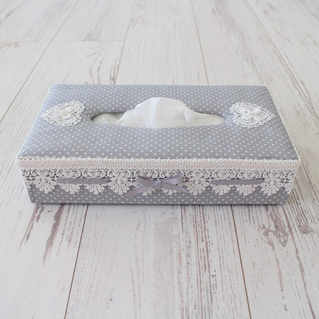 French Chic Elegant Gray Dot Ribbon Lace Tissue Box Tissue Cover Tissue Box [Made-to-Order] - 纸巾盒 - 棉 灰色