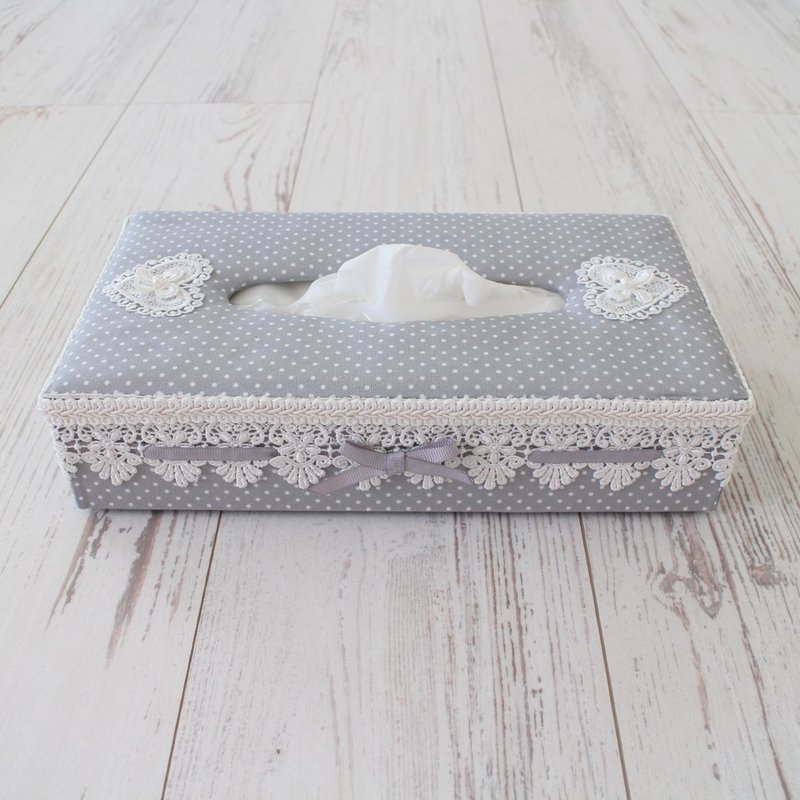 French Chic Elegant Gray Dot Ribbon Lace Tissue Box Tissue Cover Tissue Box [Made-to-Order] - 纸巾盒 - 棉．麻 灰色