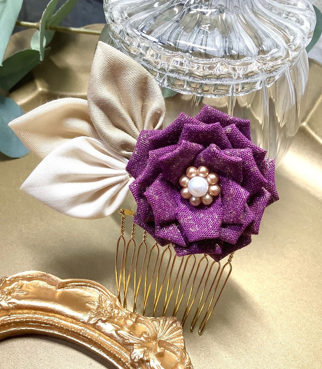 布花作品　发饰　簪　和风布花　瓦莱塔　布花细工　优雅的 - 发饰 - 棉 紫色