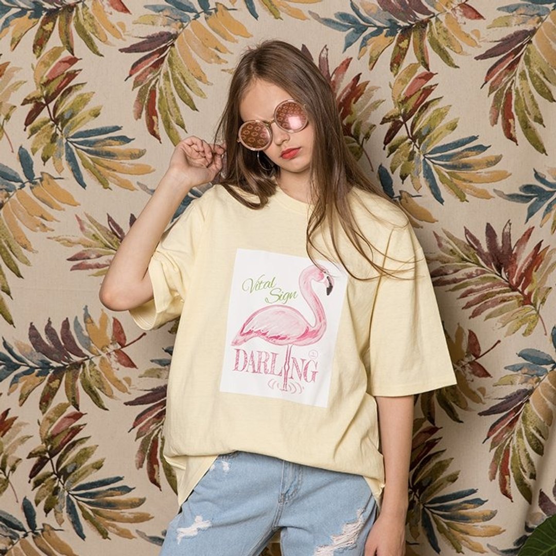 VITALSIGN 17 S/S Flamingo T-Shirts (YELLOW) - 女装 T 恤 - 棉 