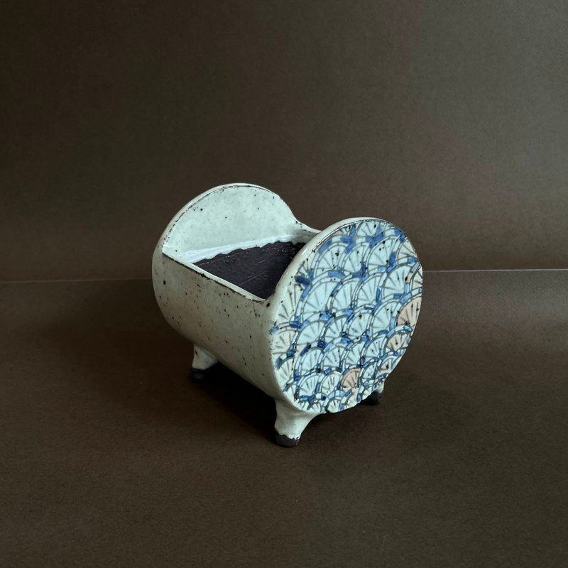 日本诚山窑 片冈美津江∣粉引釉草波纹盆栽钵 山野草钵 - 植栽 - 陶 