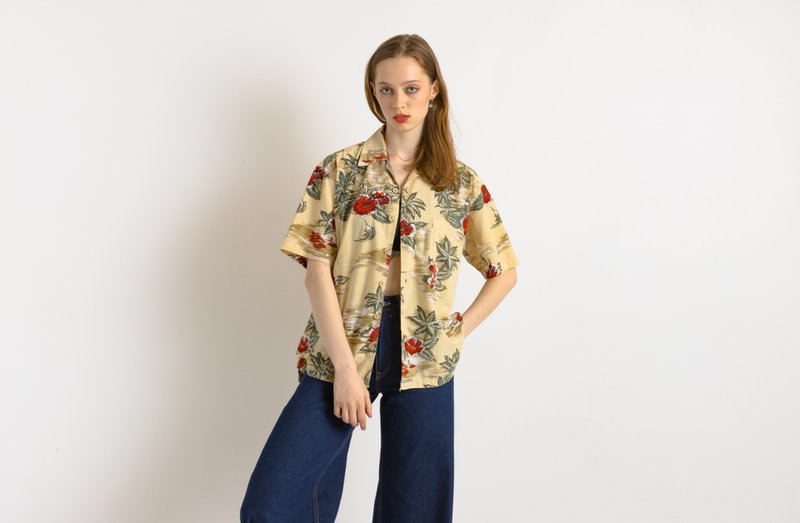 纯棉阿兹特克抽象图腾男女皆宜织物短袖衬衫 小尺寸 7522 - 中性连帽卫衣/T 恤 - 棉．麻 黄色