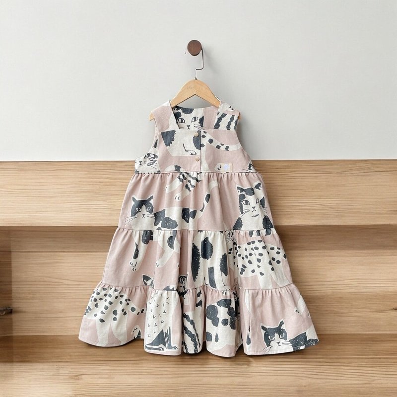 猫の聚会 粉 - 千层洋 - 童装裙 - 棉．麻 多色