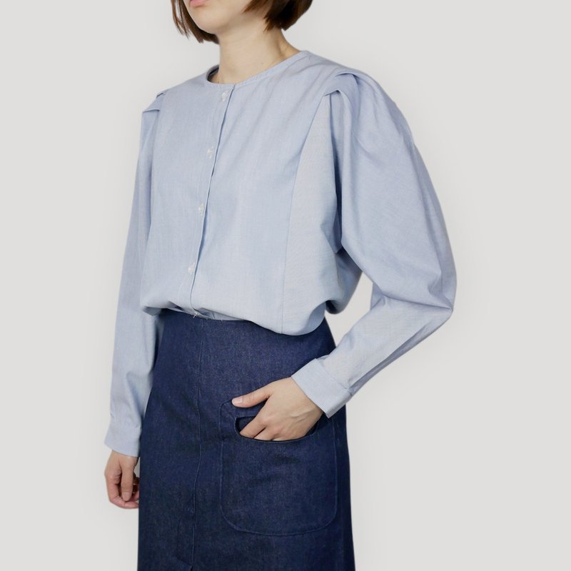 天蓝色丹宁连袖上衣 - 女装上衣 - 棉．麻 蓝色