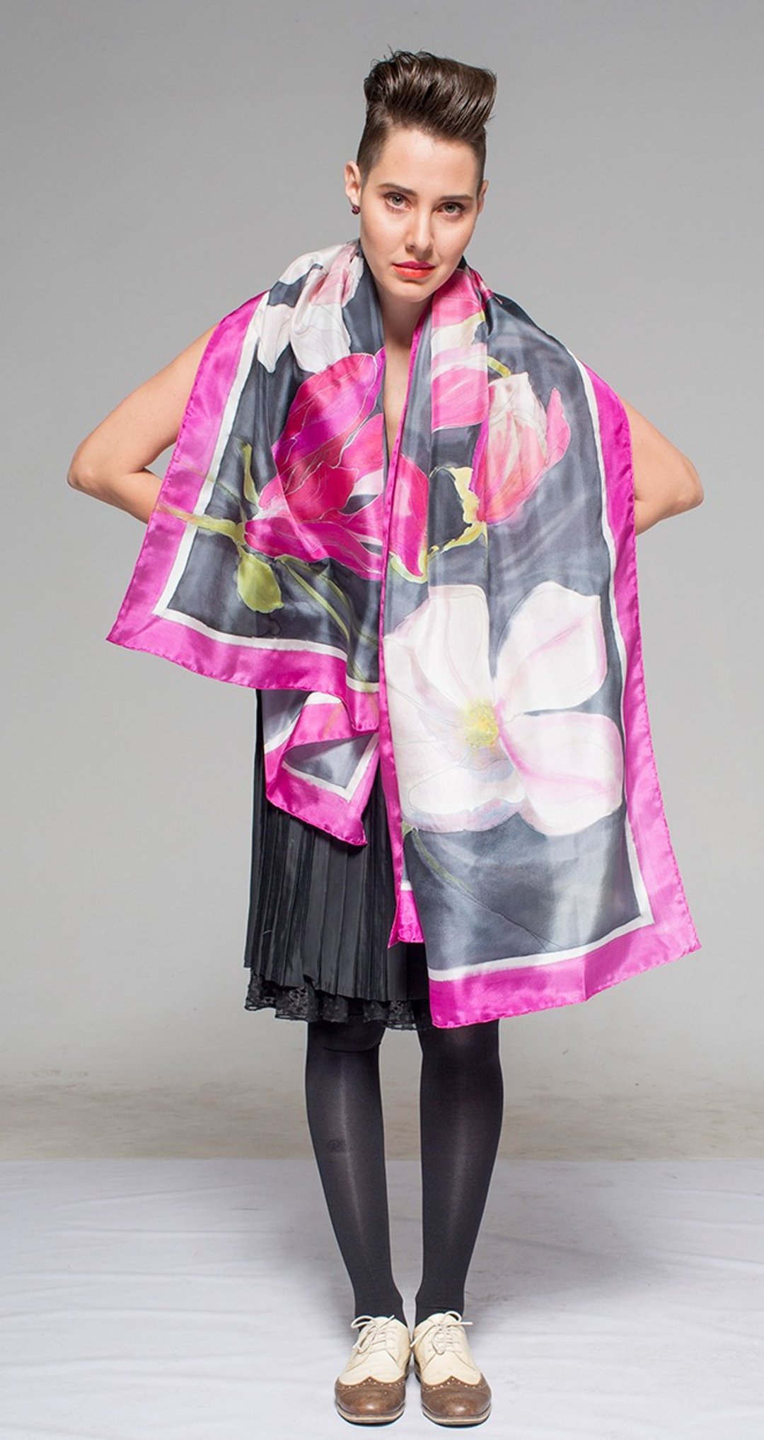 Silk Shawl Wrap- Pink flame Magnolia/ Hand painted luxurious scarf - 丝巾 - 丝．绢 多色