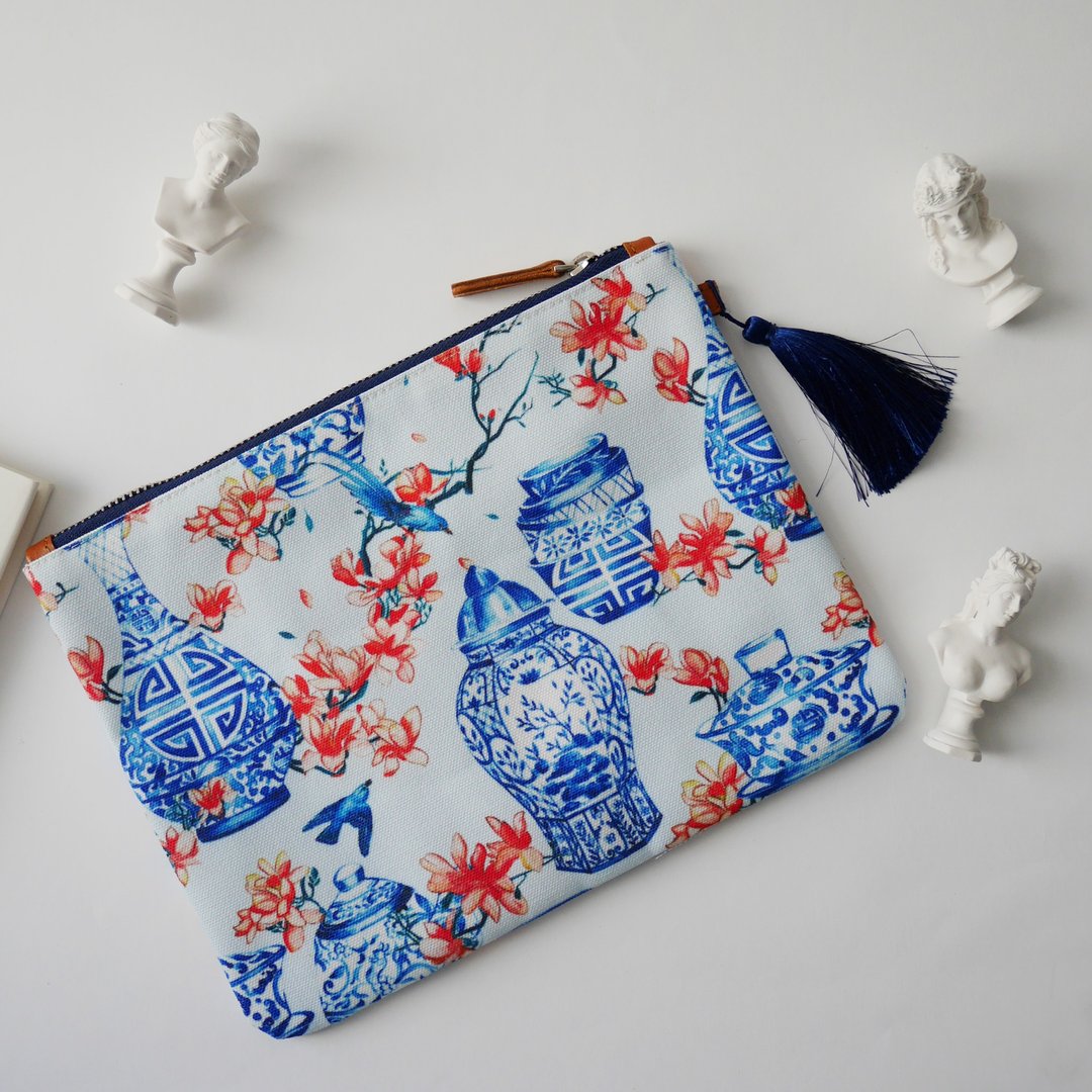 Clutch Bag Canvas printed digital with Silk Tassel Design : Fine China. - 手提包/手提袋 - 聚酯纤维 橘色