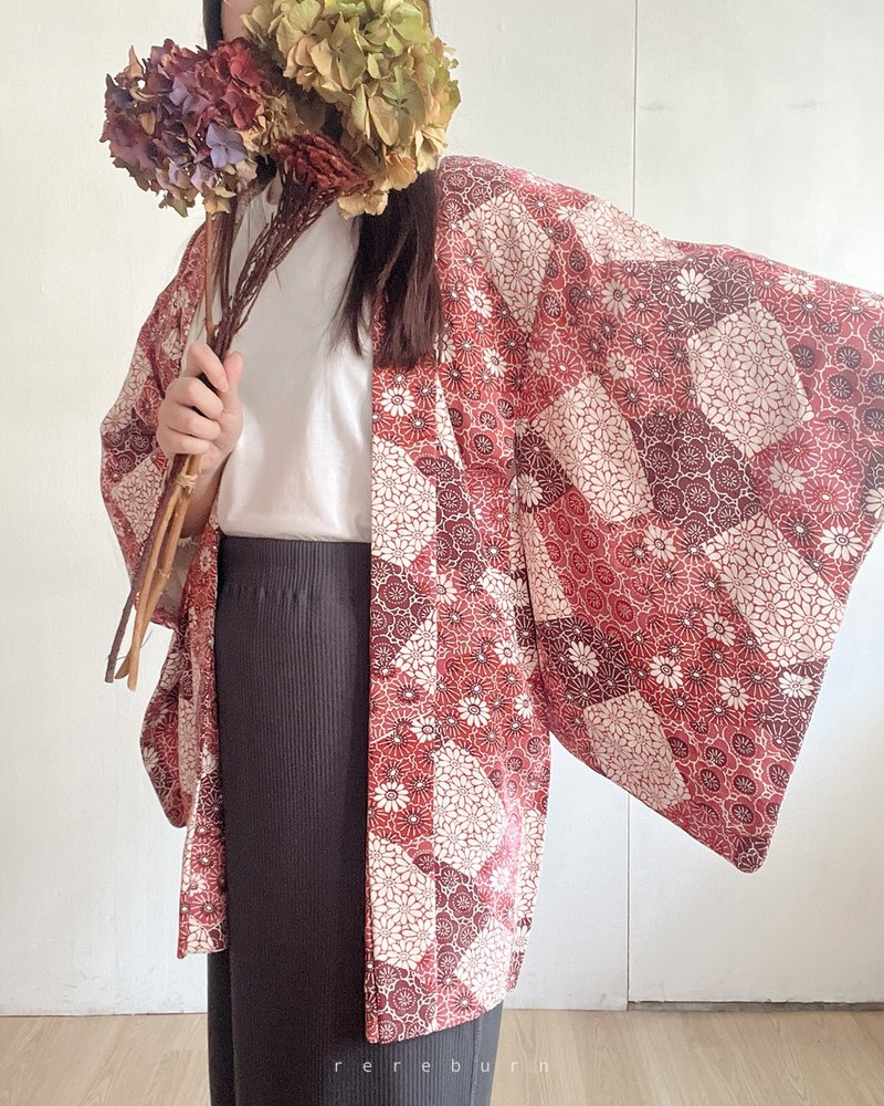 日本制和风印花薄款红色古着羽织和服外套 - 女装休闲/机能外套 - 聚酯纤维 红色