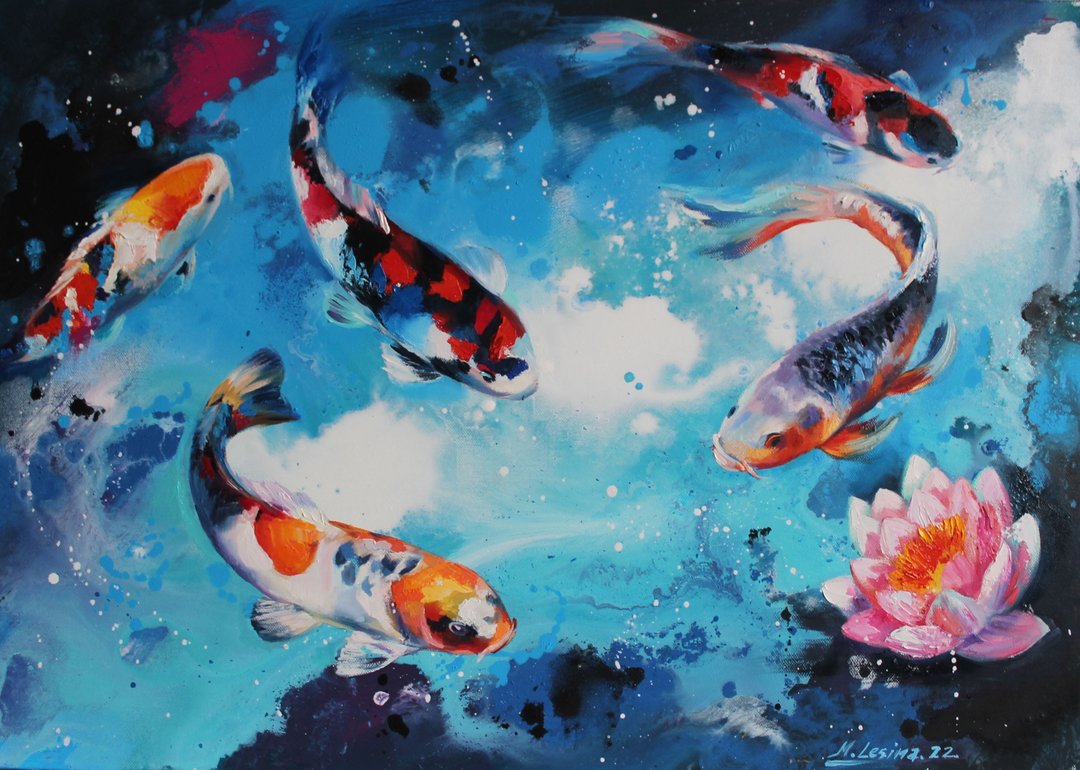 Koi Fish Painting Carp Oil Art Feng Shui Painting Japanese Artwork Koi Wall Art - 墙贴/壁贴 - 压克力 蓝色