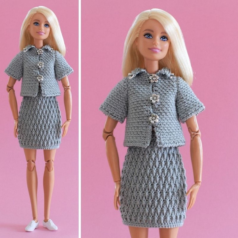 Crochet clothes Barbie pattern pdf, jacket and skirt doll digital download - 编织/刺绣/羊毛毡/裁缝 - 棉．麻 灰色