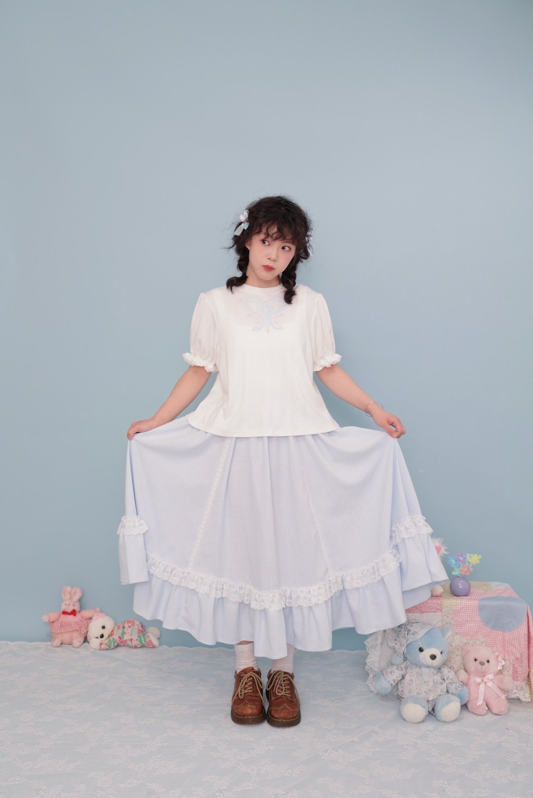 复古少女 花边格子半身裙 - 裙子 - 其他材质 蓝色