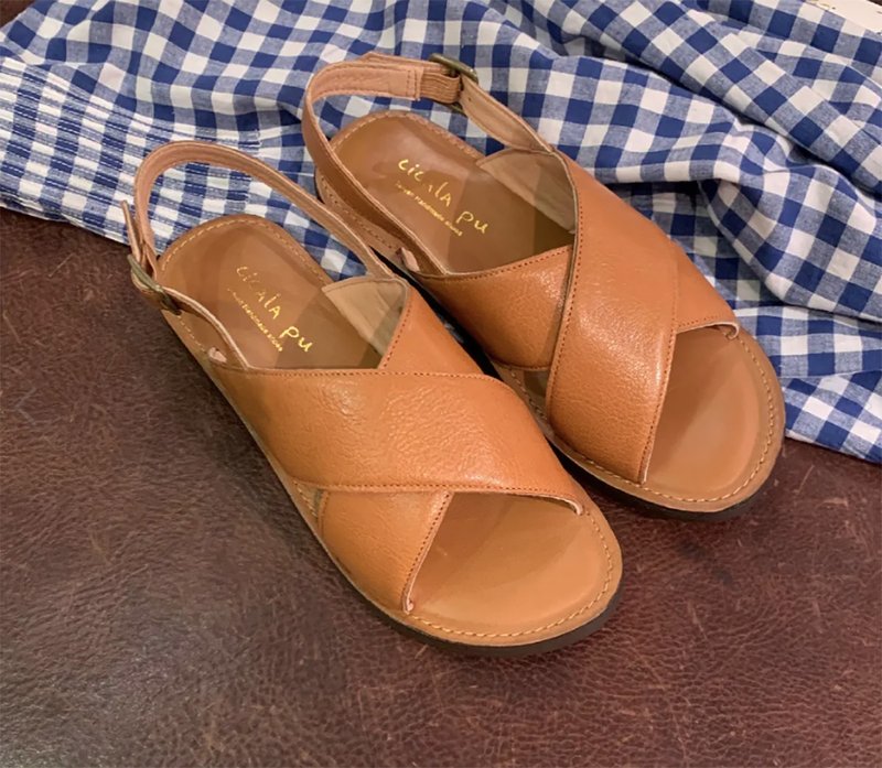 7902 意大利植鞣交叉凉鞋 棕咖 - 男女凉鞋 - 真皮 咖啡色