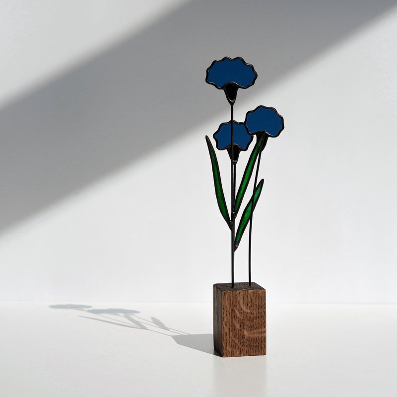 Blue Glass Flowers Carnations on a Wooden Stand - 摆饰 - 玻璃 蓝色