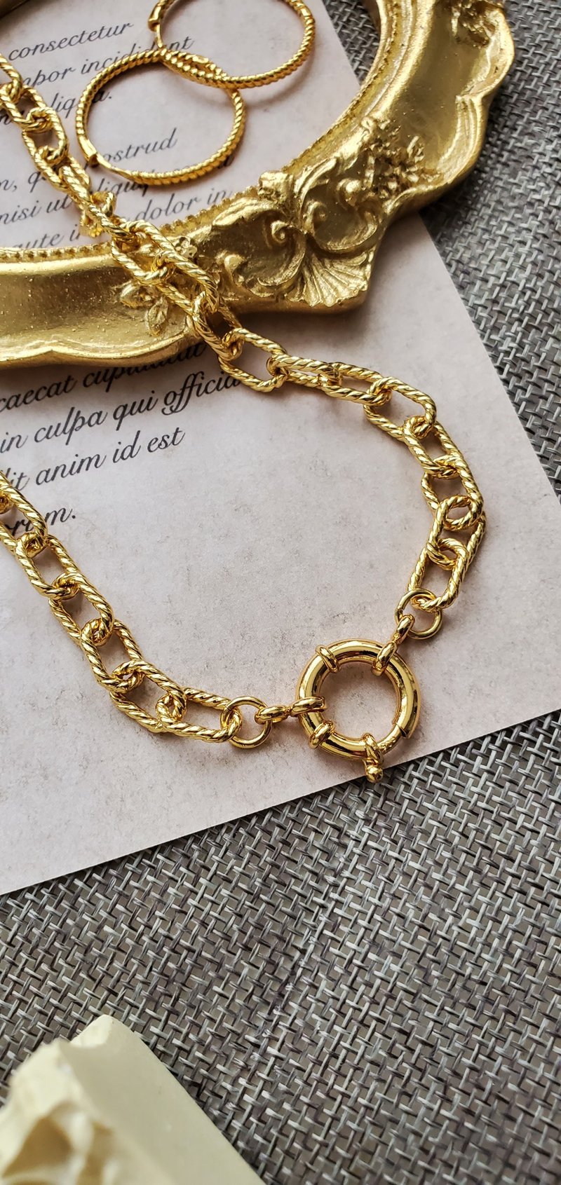 镀18K金麻花项链 ~ 基本链条项链 ~ 纯银大扣头 ~ 粗项链 - 项链 - 铜/黄铜 金色